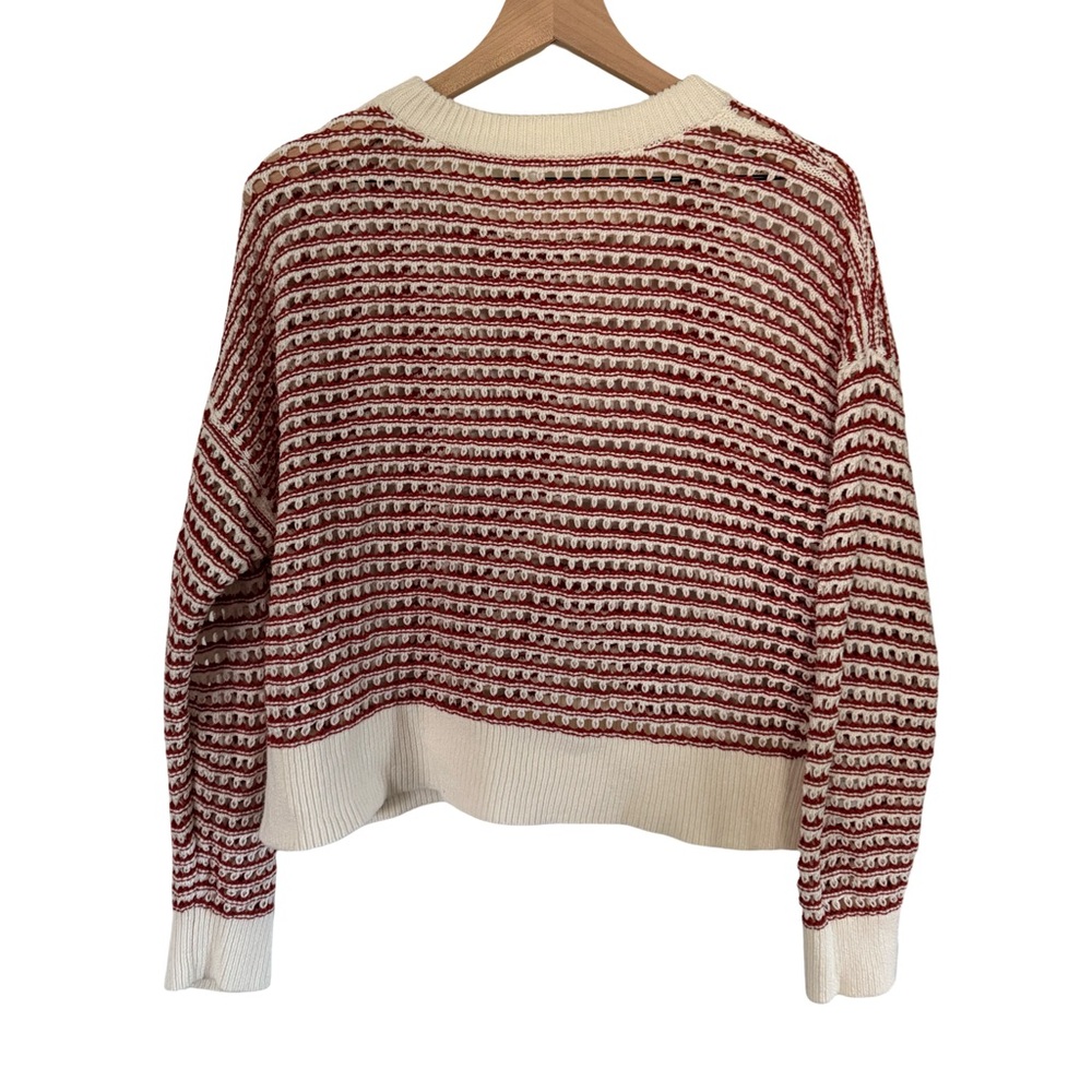 Textured Open Knit Sweater‎ Cream & Red Stripe | Cozy Ribbed Pullover | Size M - Picture 2 of 3
